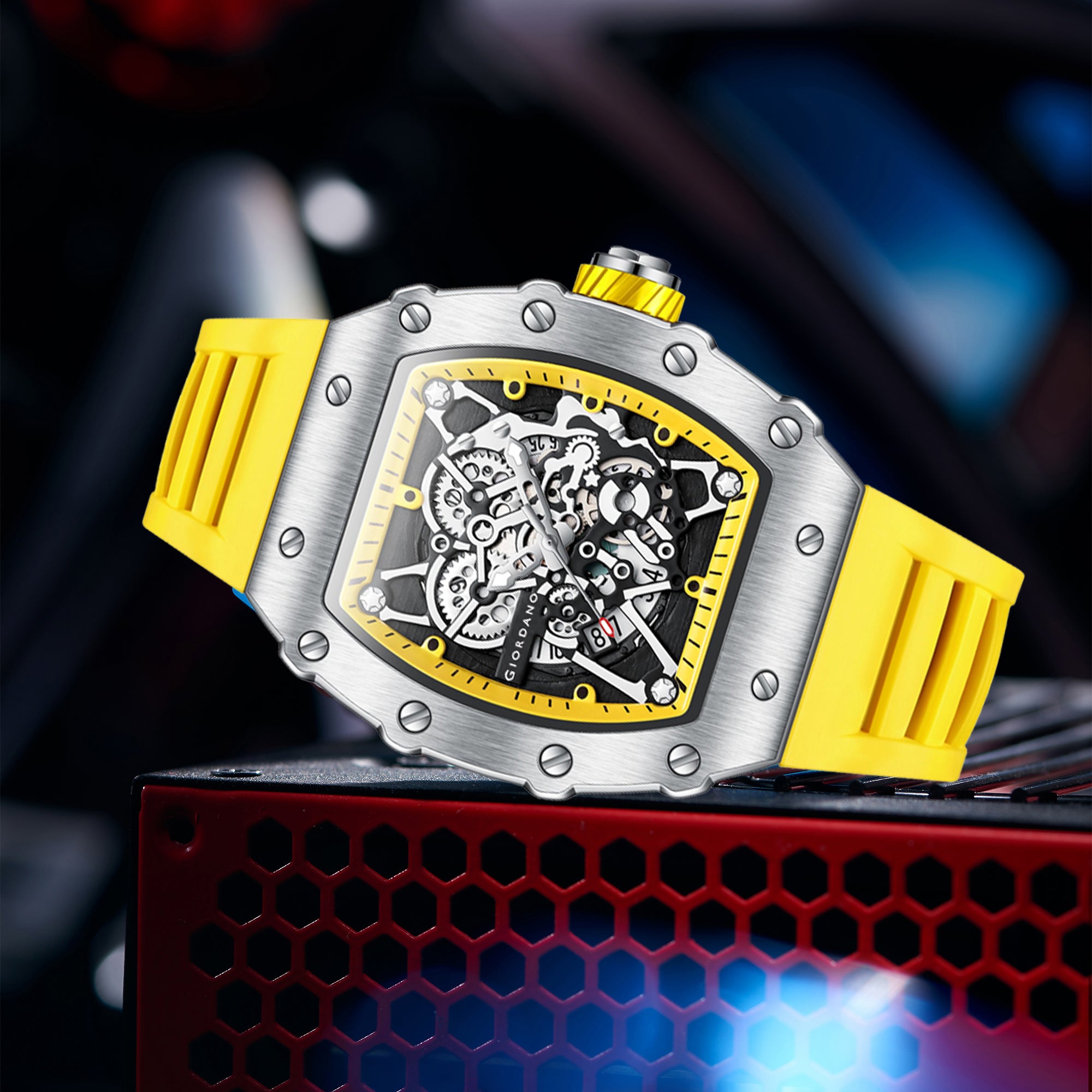 Giordano Analog Watch for Men - Skeleton-Style Dial | Brushed Steel Case with Silicone Strap | GZ-50127-05